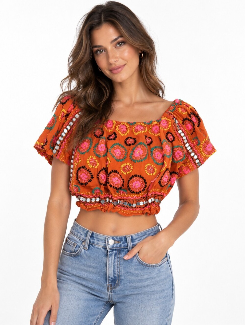 Miss June Orange Embroidered Short Sleeve Crop Top No Size Fits Like Small